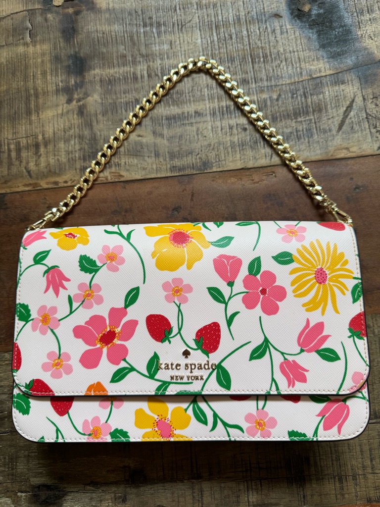 Kate Spade White Floral/Chain Crossbody With Gold Hardware